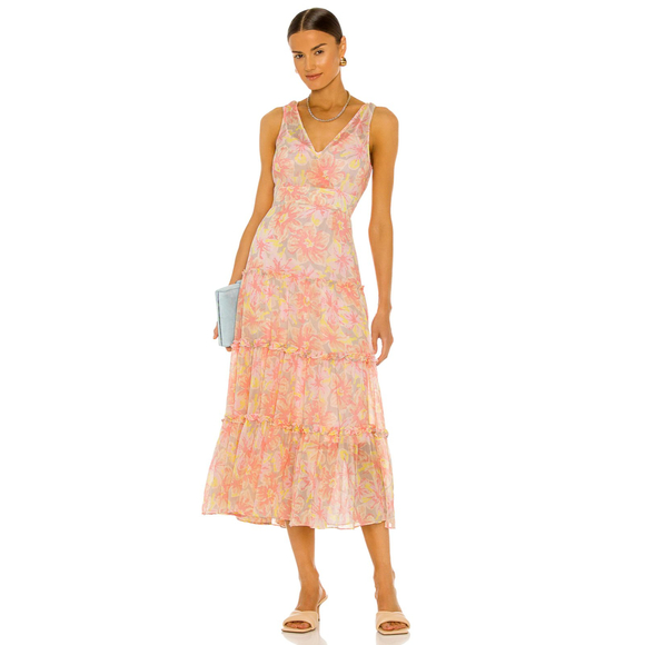 LIKELY Rachel Tiered Midi Dress 0 Floral Print Peach Pink Sleeveless Chiffon NWT - Picture 3 of 6